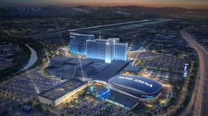 Rendering of Reno Arena aerial view of property in evening.