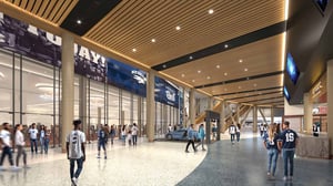 Rendering of Reno Arena View of Main Level Lobby.